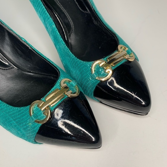 WHBM Turquoise Mid Heel Gold Detail Pumps - Picture 5 of 7